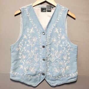 VTG Lizwear Denim Vest Womens S Light Blue Embroidered Floral Boho Cottagecore